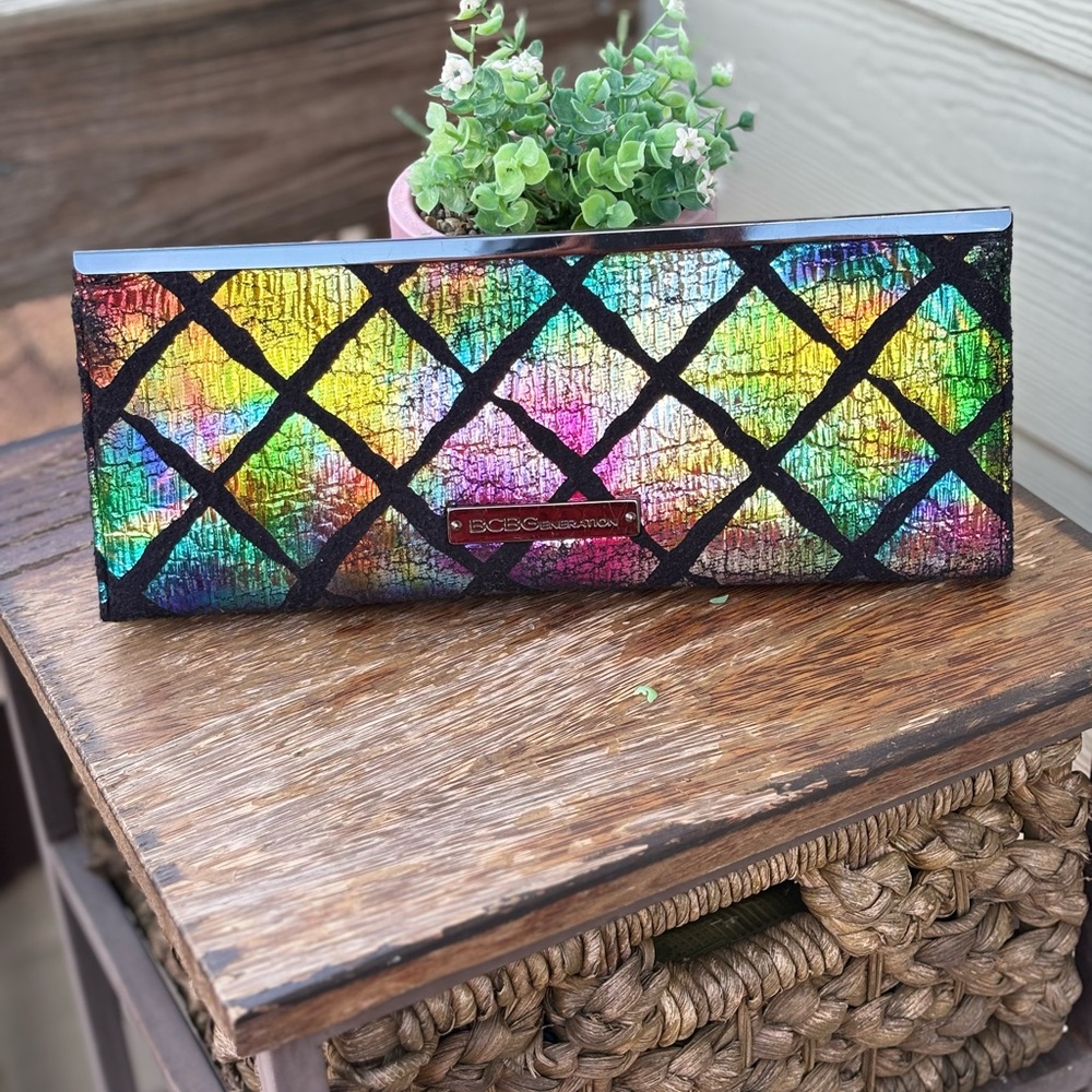 BCBGeneration Iridescent Rainbow Holo Clutch Shoulder Bag.
